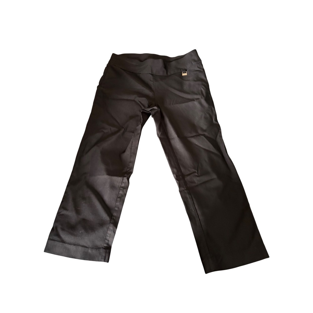 Black Pull On Straight Leg Trousers Gold Logo Detail Business Casual Pants